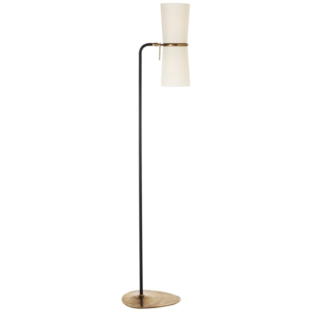 Clarkson Floor Lamp in Black and Hand-Rubbed Antique Brass with Linen Shades