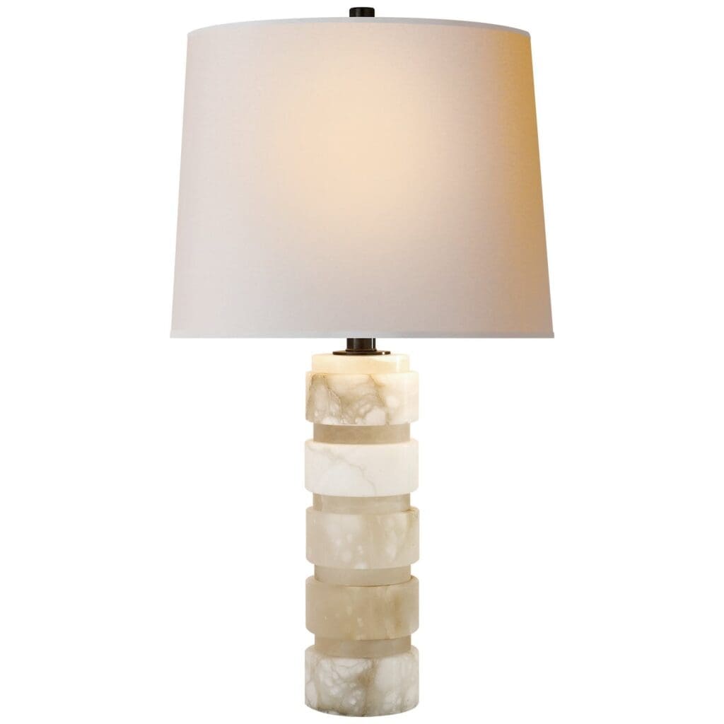 Round Chunky Stacked Table Lamp in Alabaster with Natural Paper Shade