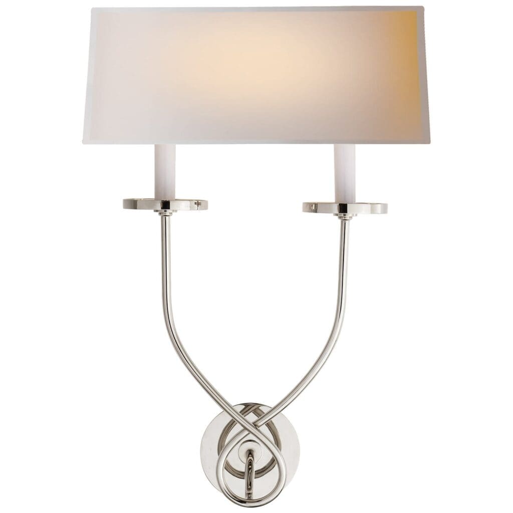 Symmetric Twist Double Sconce in Polished Nickel with Natural Paper Shade
