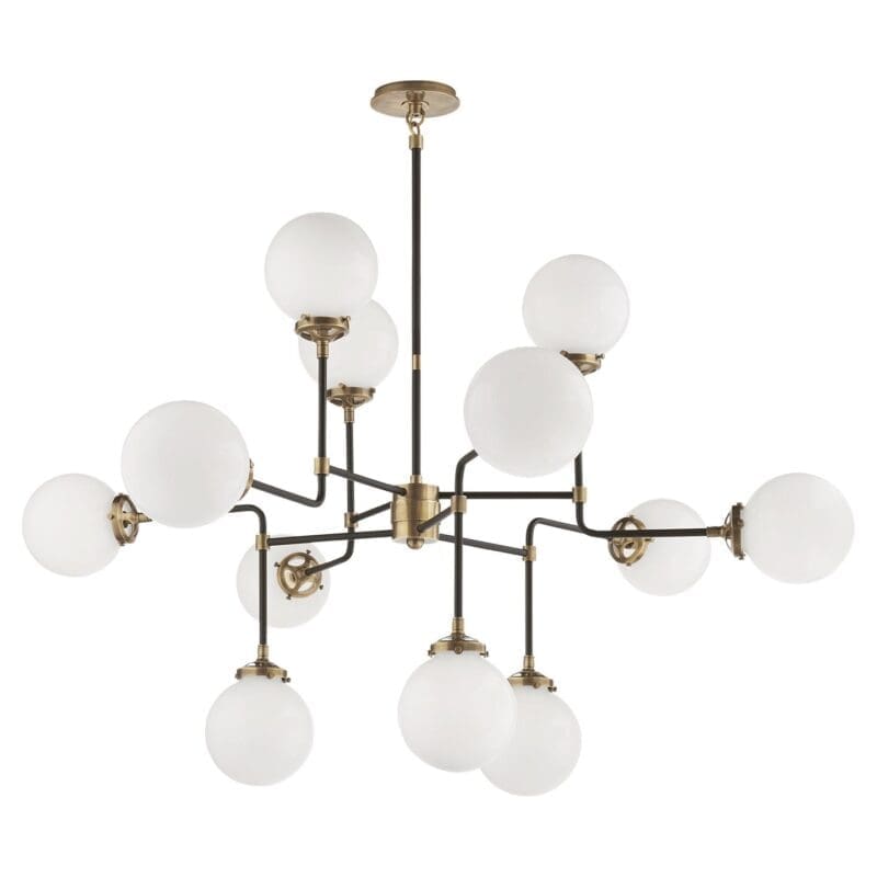 Bistro Medium Chandelier in Hand-Rubbed Antique Brass with White Glass