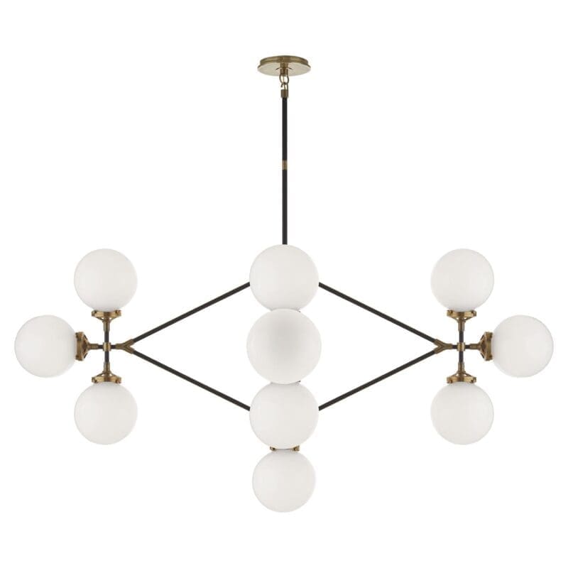 Bistro Four Arm Chandelier in Hand-Rubbed Antique Brass and Black with White Glass