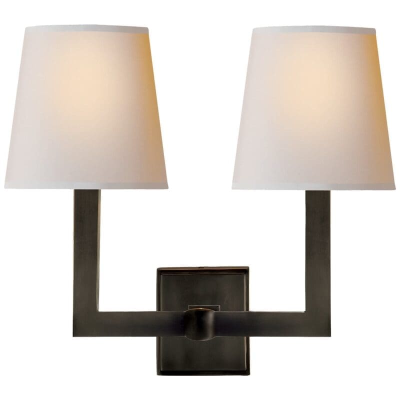 Square Tube Double Sconce in Bronze with Natural Paper Shades