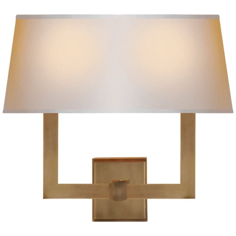 Square Tube Double Sconce in Hand-Rubbed Antique Brass with Natural Paper Single Sha