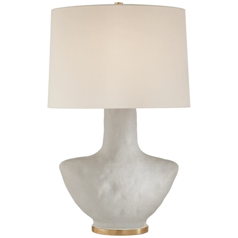 Armato Small Table Lamp in Porous White Ceramic with Oval Linen Shade