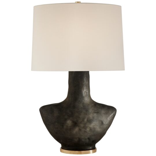 Armato Small Table Lamp in Stained Black Metallic Ceramic with Oval Linen Shade