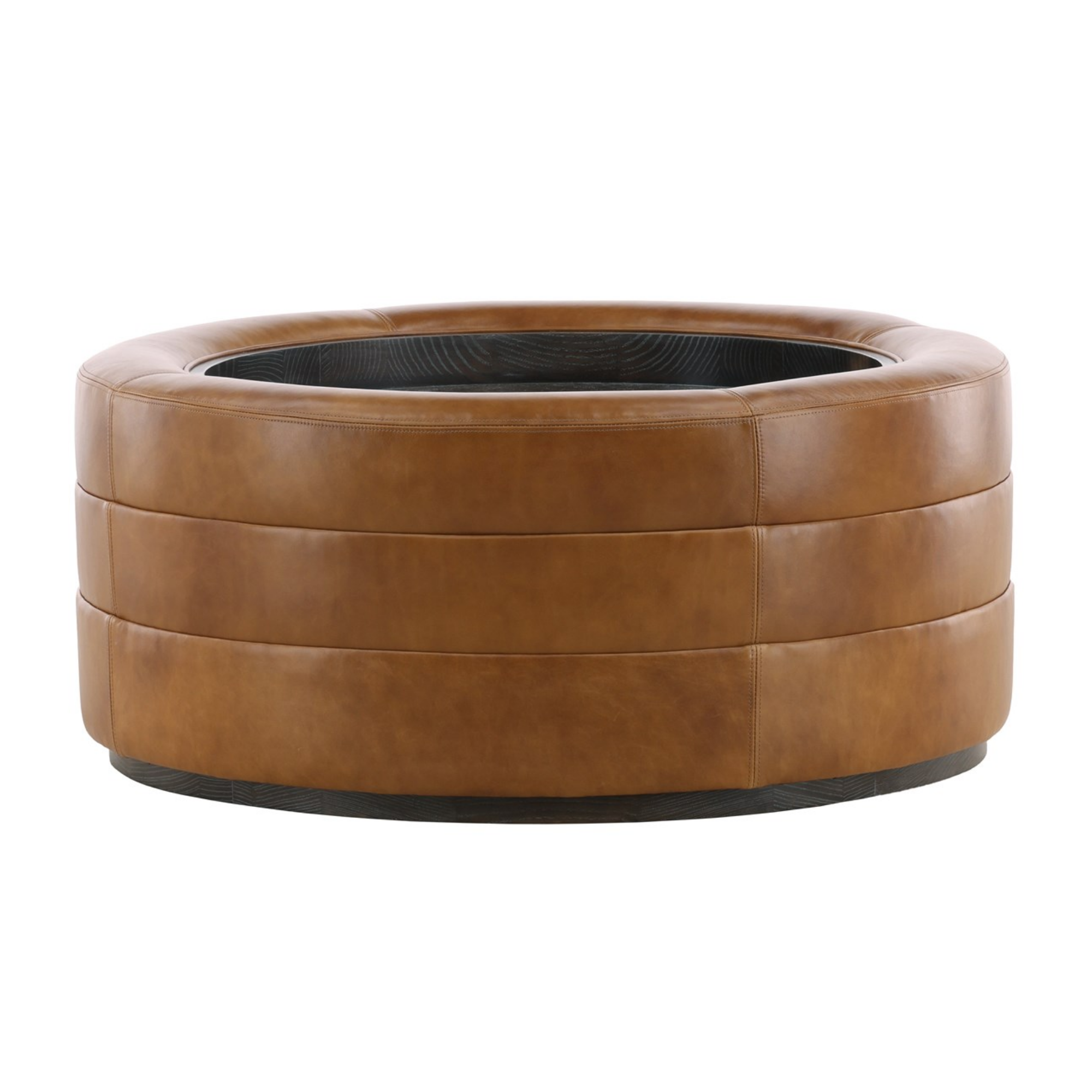 Ottoman rond en cuir Boyden avec plateau en bois